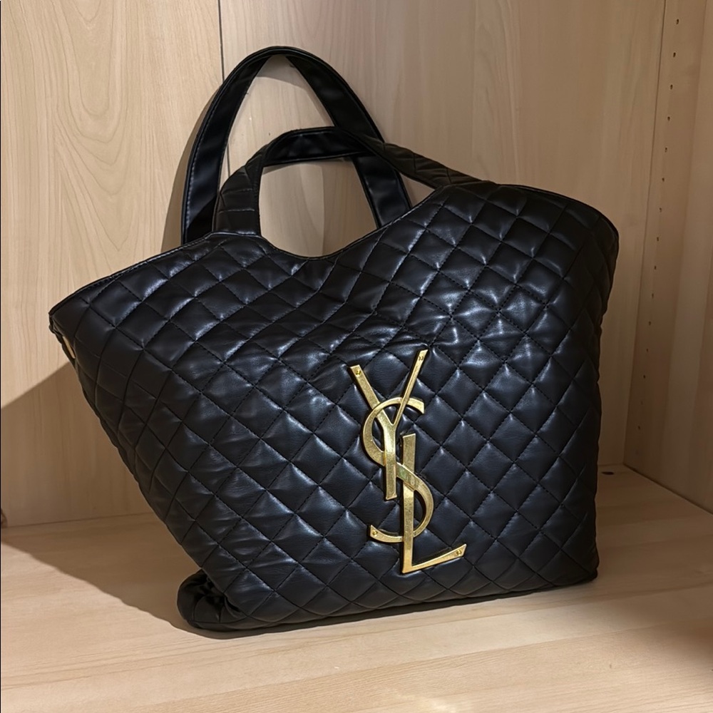 “YSL” Yves Saint Laurent Black and Gold Quilted Tote